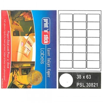 Print n Stick A4 Laser Inkjet Label Stickers 21pcs - 38mm x 63mm, 100sheets (Item No:r01-15) A1R3B196